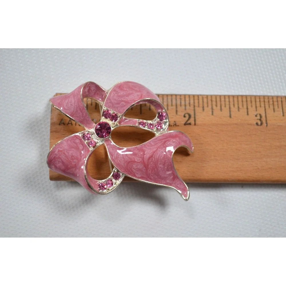 Vintage Ribbon Bow Pink Swirl Enamel Coated‎ Brooch Pink Rhinestones